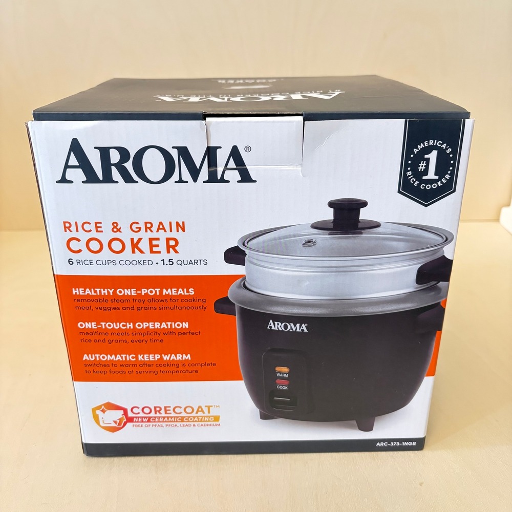 Aroma Rice Grain Cooker 6 Cup Black One-Touch Ceramic Pot 1.5 Quart NEW Open Box